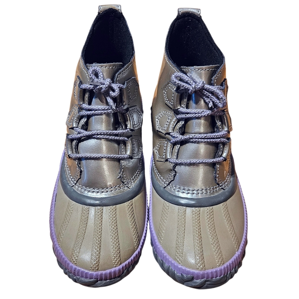 Sorel Girls Waterproof Rain Winter Snow Duck Boots In Tan Lavender & Silver 4